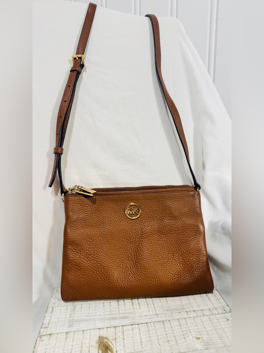 Michael Kors Cognac Brown Pebbled Leather Crossbody Bag